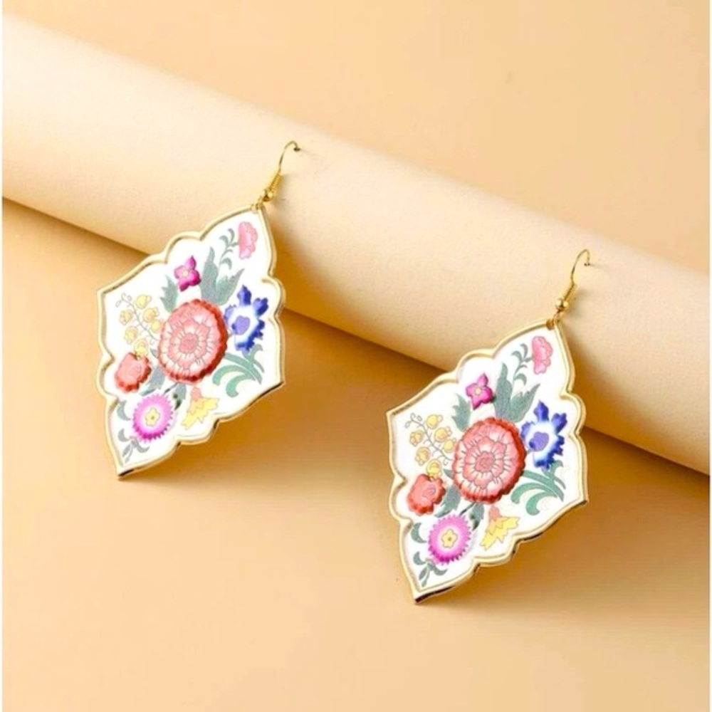 Fabulously Decadent Hand-painted Multicolored Floral & Gold Statement Ea… - Picture 2 of 5